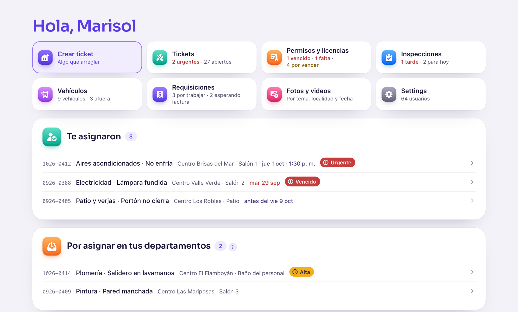 El Inicio del app, con una tarjeta por cada parte del trabajo